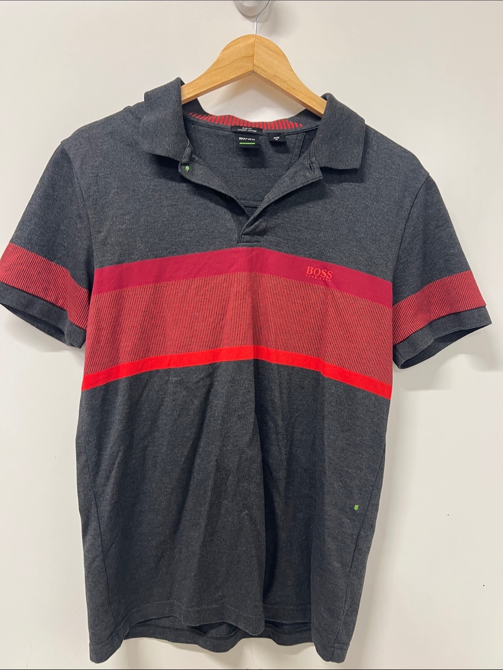 Hugo Boss, Short Sleeve, Polo, Gray & Red, Slim Fit, Large
